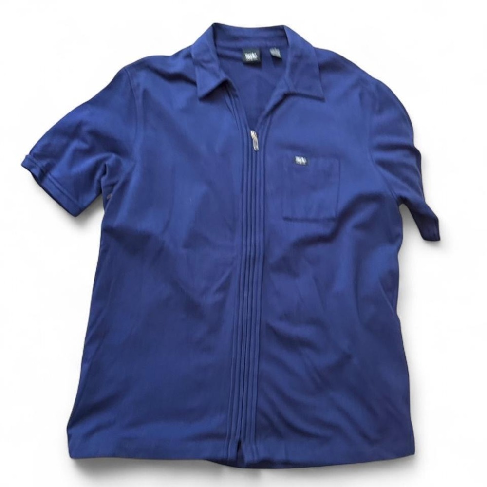 Rare Vintage 90s Mossimo Navy Blue Short Sleeve Zip Up Shirt, Men's‎ Size L